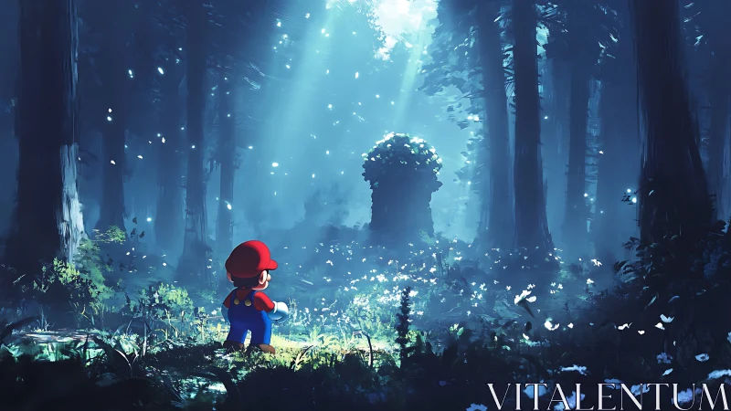 Curious little hero pauses in a glowing, enchanted forest