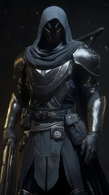 Hooded sci fi sentinel in reflective stealth armor.