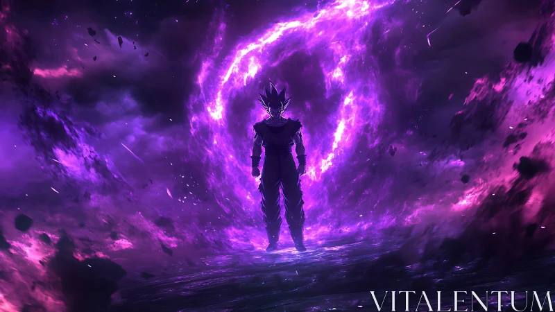 Energetic silhouette before turbulent violet singularity portal.