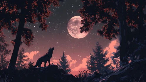 Wolf silhouette under full moon in dense conifer forest.
