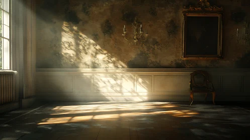 Sunlit interior with aged wall, framed painting and chair.