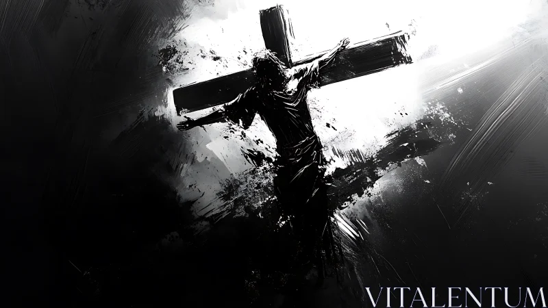 Monochrome crucifix figure rendered with high-contrast strokes