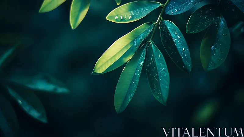 Selective focus foliage shows dewy green leaves under soft backlight