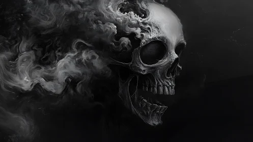 Digital painting of a dissolving skull in swirling monochrome smoke.