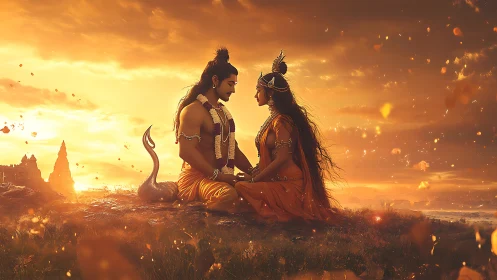 Divine couple in golden-hour landscape rendered as epic digital tableau