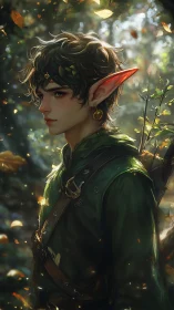 Young forest elf ranger stands in golden woodland light