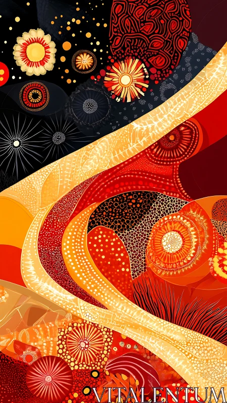 Abstract red and yellow circular forms with flowing bands.