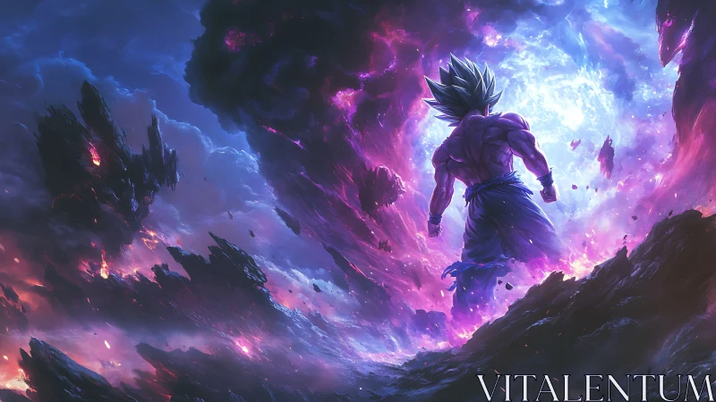 Cosmic warrior strides into a blazing storm of energy