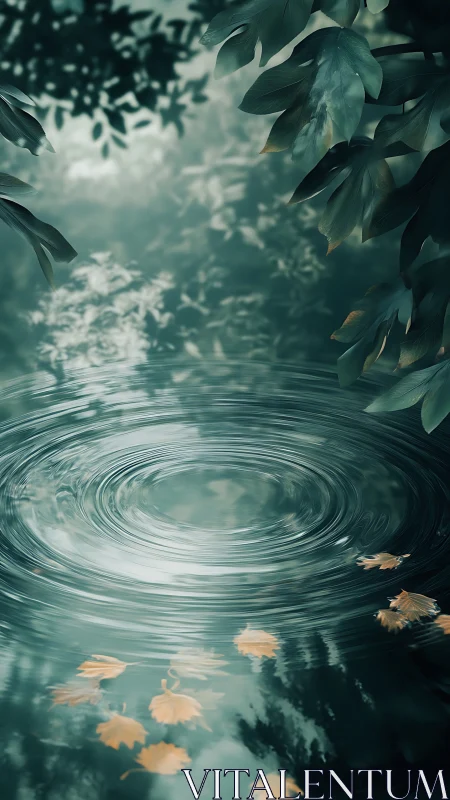 Gentle ripples spread across a forest pond in soft mist.