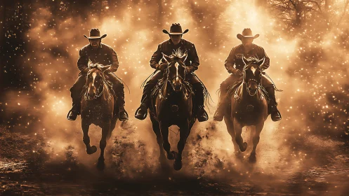 Cinematic trio of cowboys on horseback in glowing dust storm.