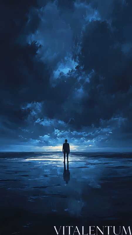 Solitary figure under stormlit midnight shoreline sky.