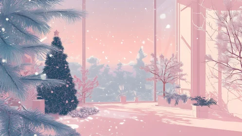 Soft pastel winter atrium with stylized conifers and diffuse snow