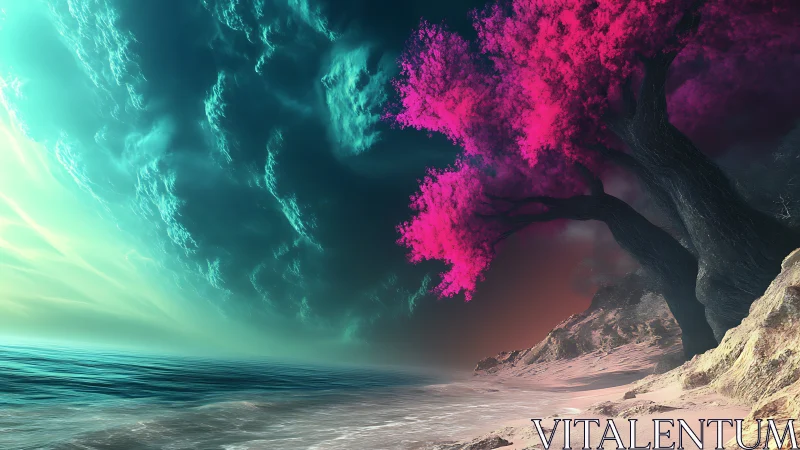 Neon pink coastal tree glows beneath a surreal turquoise sky