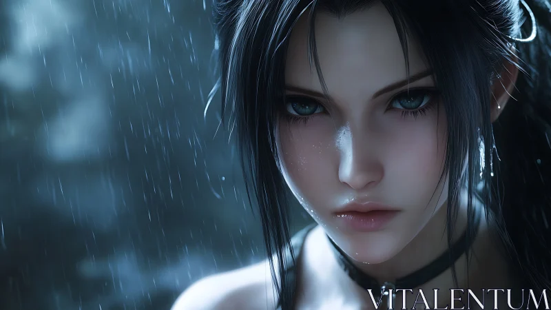 Rain-drenched warrior gaze carved in moonlit porcelain calm.