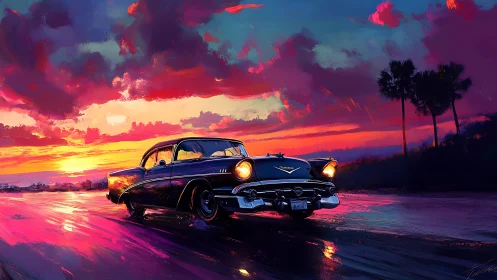 Classic black car on coastal road under saturated sunset sky.
