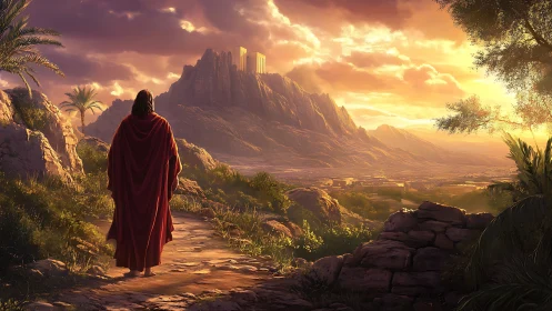 Figure in red cloak walks toward distant mountain temple