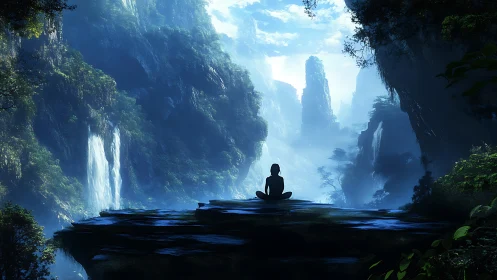 Silhouette meditates on cliff ledge facing misty waterfalls