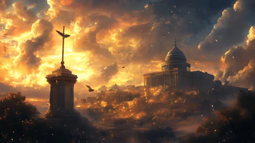 Monumental neoclassical capitol under dramatic volumetric sunset sky