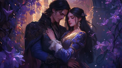 Two Figures in Period Clothing Within Luminous Flora