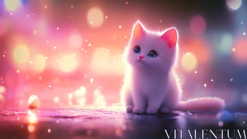 Glowing white kitten in neon pink ethereal light.