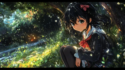 Girl in school uniform sits by forest stream at twilight