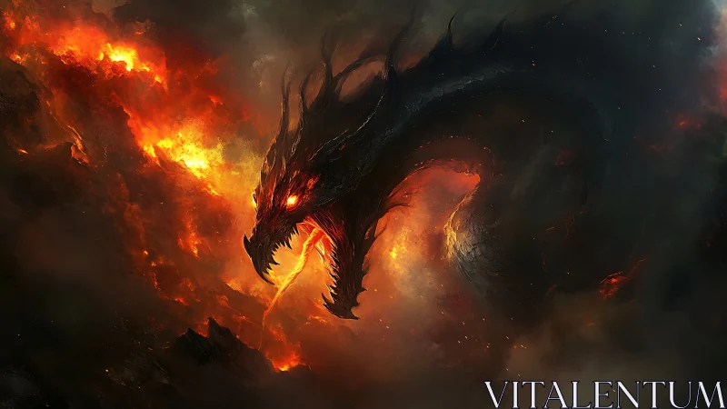 Infernal wyrm erupts from molten storm of fire and shadow.