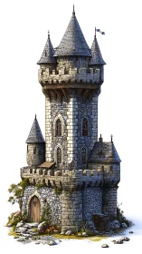 Stone tower fortress is depicted with multiple conical roofs