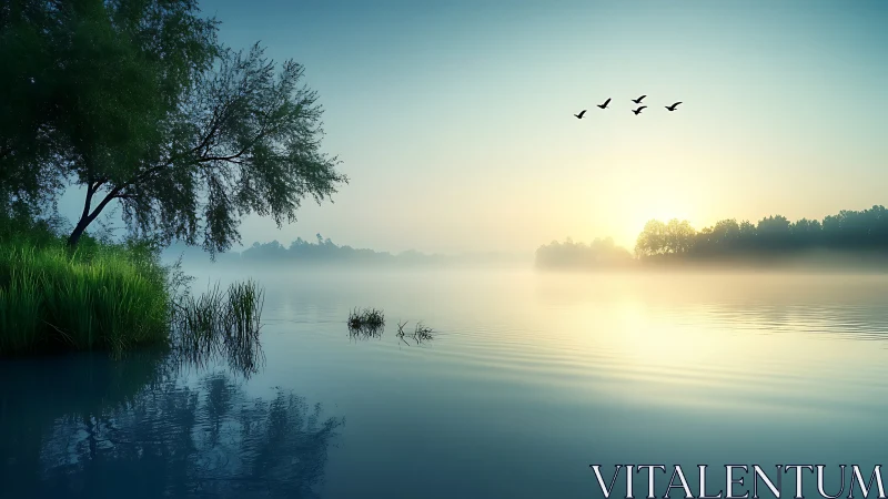 Misty lakeside sunrise with birds over calm reflective water.