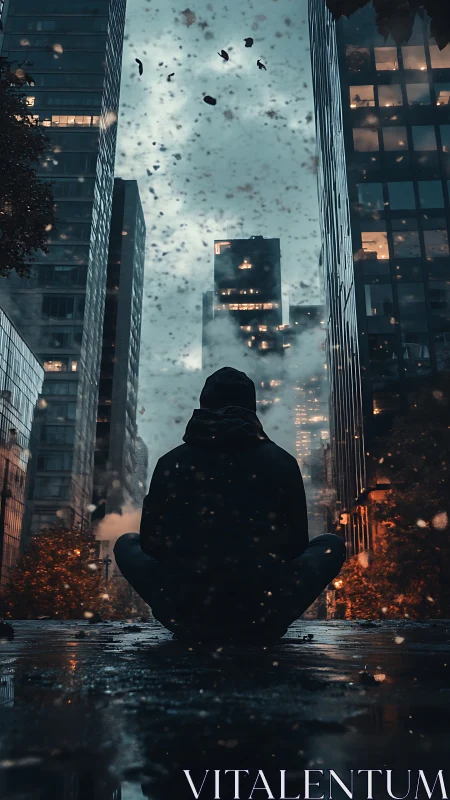 Solitary silhouette meditating in moody neon city storm.