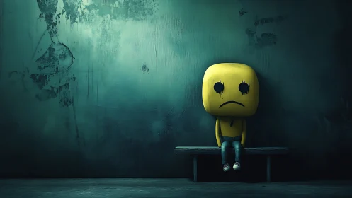 Sad yellow cartoon figure on bench in dark empty room.