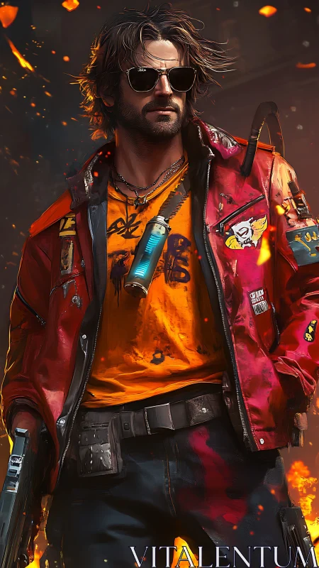 Rugged cyberpunk gunman strides through ember‑lit chaos