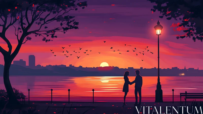 Romantic Waterfront Encounter at Golden Hour Sunset.