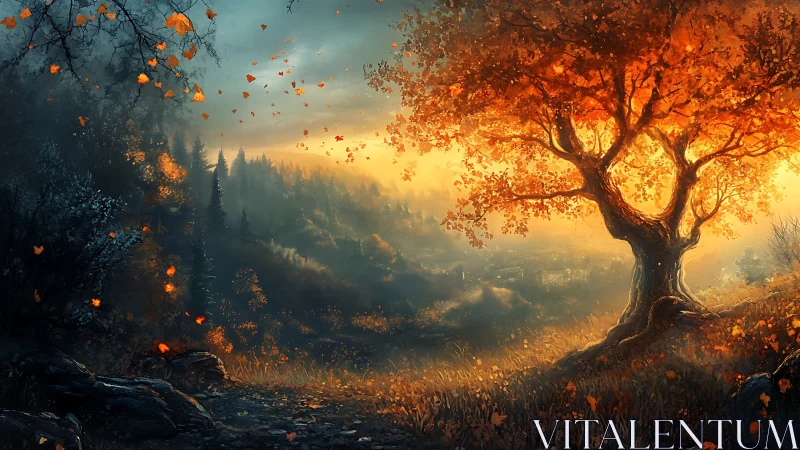 Where Autumn Ignites: A Solitary Tree Burns with Ethereal Light.