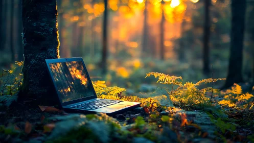 Backlit laptop integrating with sunlit forest bokeh field.