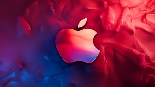 Chromatic metallic apple emblem on fluid gradient surface.