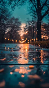 Low-angle bokeh study of wet pavement under dusk streetlights.