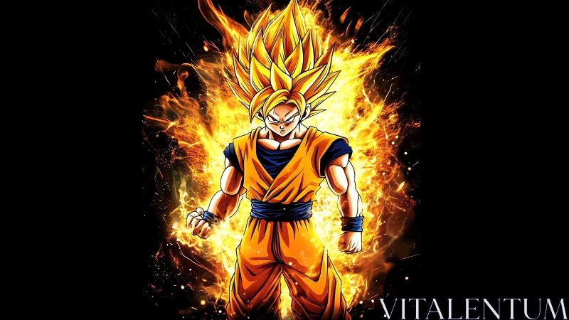 Superpowered anime fighter stands within intense fiery aura