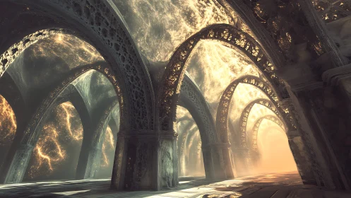 Luminous vaulted hall with ornate arches and misty light.