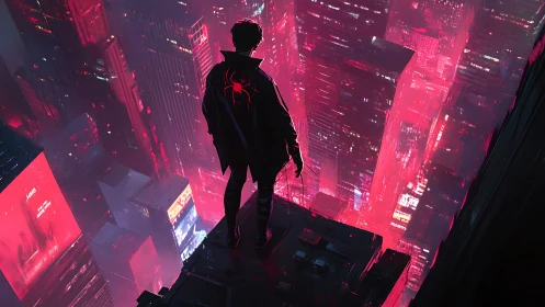 Cyberpunk vantage of masked vigilante above neon megacity.
