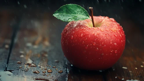 Red apple with water droplets on dark rustic wood surface.