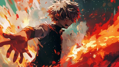 Fiery anime hero reaching through swirling light and chaos.