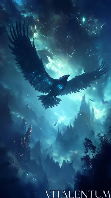Soaring cosmic phoenix glides above luminous blue spires