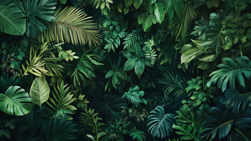 Dense tropical foliage canopy with layered glossy green leaves