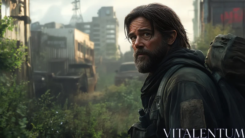 Weary wanderer crossing green-choked postapocalyptic ruins.