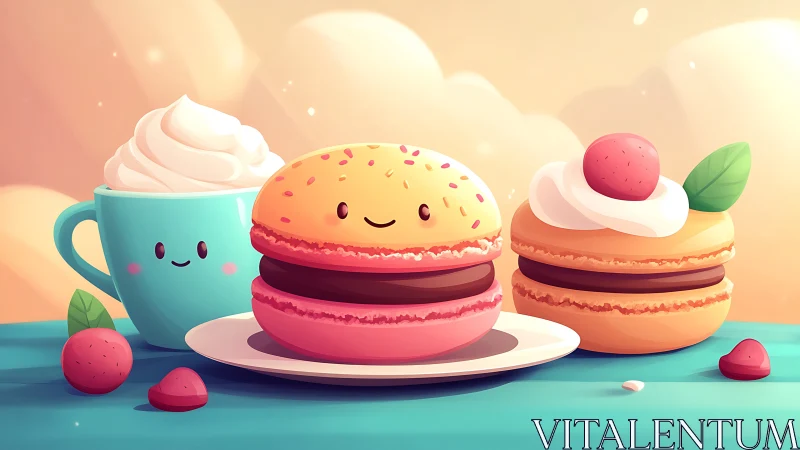 Cute pastel macarons and cocoa cup in sunny dessert scene.
