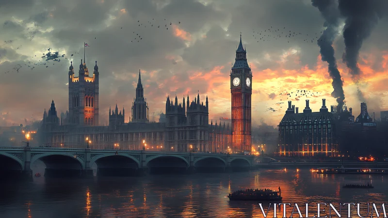 Post-apocalyptic Westminster skyline under burning dusk.