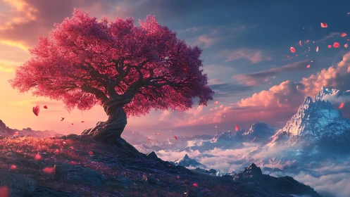 Luminous magenta blossom tree over stratified alpine cloudscape.
