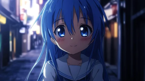 Blue haired anime girl in school uniform at night street.