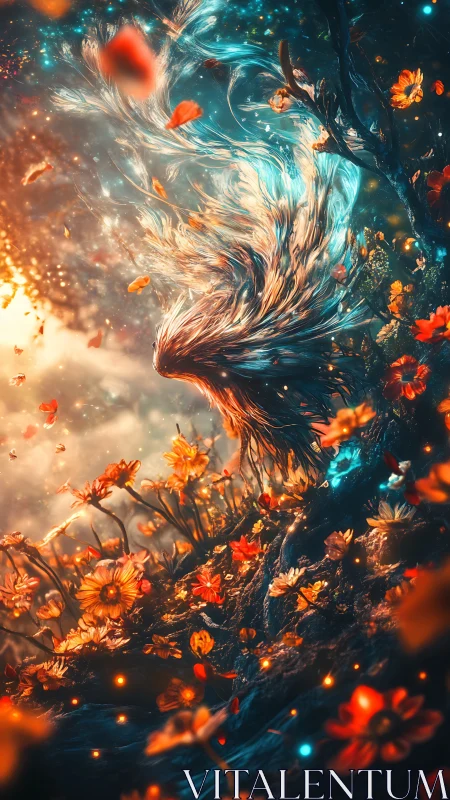 Whimsical spirit swirling through bioluminescent blossoms.