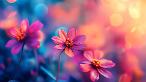 Chromatic Cosmos Flowers: Vibrant Spectral Bokeh Study.